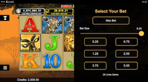 Mega Moolah select bet screenshot